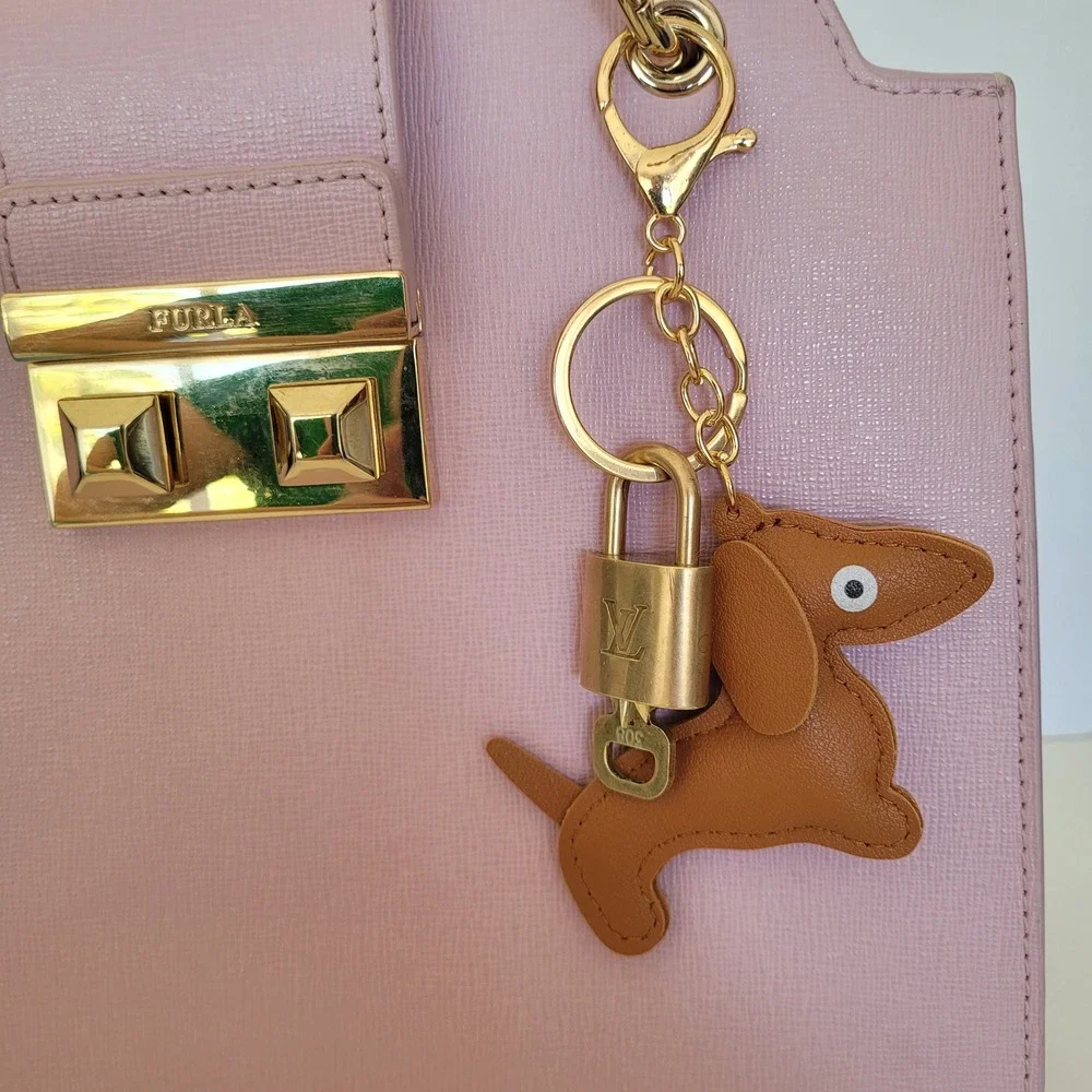 Louis Vuitton Padlock 308 & Leather Dachshund Dog Bag Charm Keychain Gold Brown